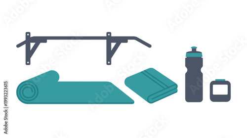 Set of home fitness equipment including pull up bar yoga mat towel water bottle and activity tracker.