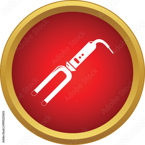 Curling iron for styling hair in a red and gold button illustration