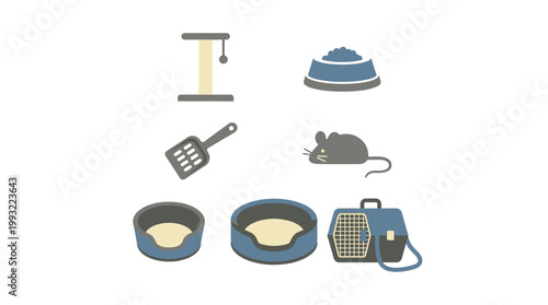 Set of Various Pet Care Equipment and Accessories Icons.