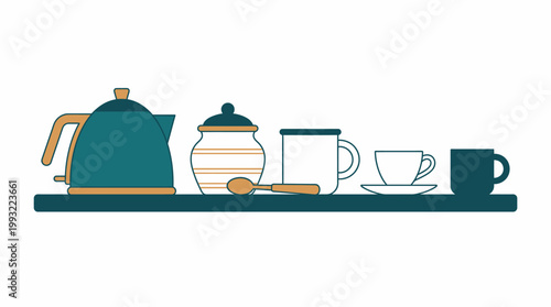 Kitchen Shelf with Tea Kettle Sugar Bowl and Various Cups.