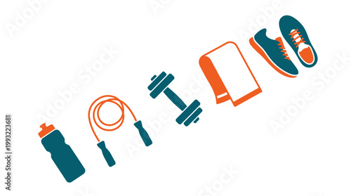 Set of flat fitness equipment and workout gear icons.