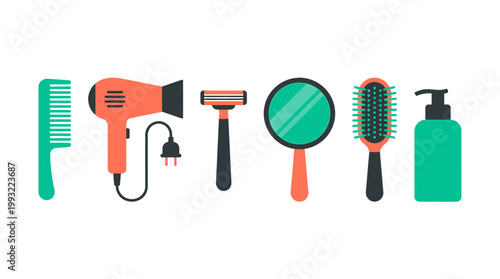 Set of beauty and personal care grooming accessories and salon equipment.