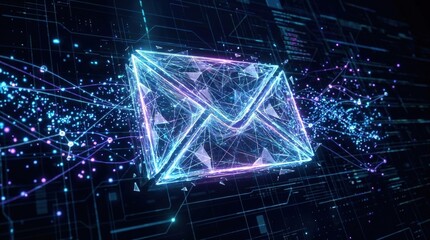 Digital envelope icon with dispersing particles and connected dots, email communication technology concept, modern abstract network symbol, sleek data motion, glowing futuristic background, no logos