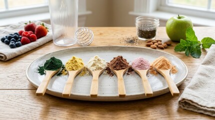 Assorted colored piles of nutritional protein powder, fitness supplement ingredient concept with clean arrangement and vibrant healthy lifestyle presentation, studio light, realistic detail, no logos