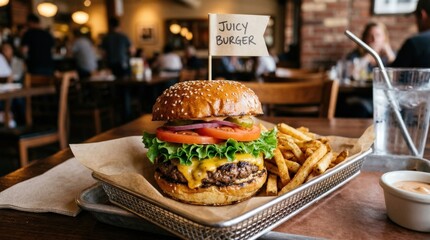 Fast food cheeseburger with lettuce, juicy burger concept with fresh green topping and casual restaurant styling, realistic detail, no logos