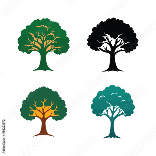 Collection of tree silhouettes in various colors and styles for graphic design  four trees with different colored trunks and leaves