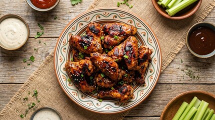Top view BBQ chicken wings on decorative plate, crispy glazed appetizer, flavorful party food, appetizing arrangement, rustic tabletop, rich texture, savory detail, natural food lighting, no logos
