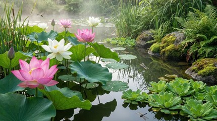 Pink and white lotus flowers blooming in a lush green pond, serene botanical nature scene with vibrant petals and tranquil water garden atmosphere, realistic detail, no logos