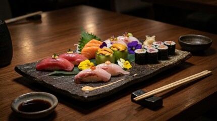 Assortment of sushi on dark platter, elegant Japanese dining concept with refined arrangement and rich contrasting food presentation, realistic detail, no logos