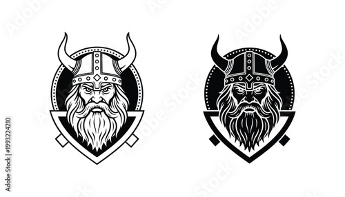Viking warrior emblem set with horned helmet and shield for gaming clans and historical branding projects featuring detailed line art and solid black fill