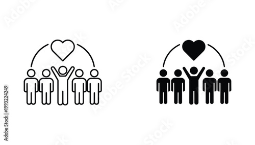 Community support icon set showing group of people under heart shape for charity and social welfare concepts in both line art and solid fill styles