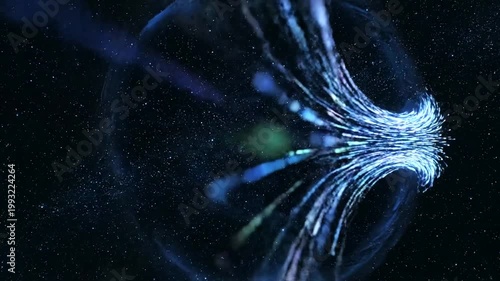 Abstract digital data stream flowing into a dark circular portal.