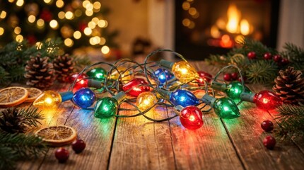 Colorful string lights on wooden surface, festive holiday background with warm bokeh glow, rustic seasonal decor, realistic detail, no logos