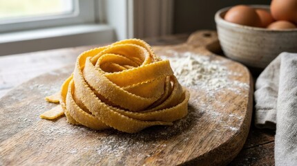 Close up of a nest of homemade egg pasta, fresh raw noodles with rich golden color and artisan texture, gourmet cooking ingredient, rustic food styling, no logos