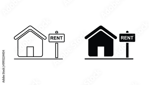 House for rent sign icon set featuring simple line art and solid black graphic symbols for real estate property listing and housing market advertising