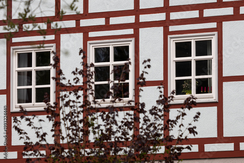 Facade of a historic half-timbered townhouse in the spa town of Bad Hersfeld, Hesse, Germany