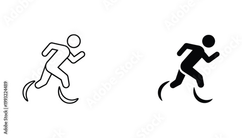 Running person icon representing fitness and active lifestyle in both outline and solid black vector formats for sports and health branding