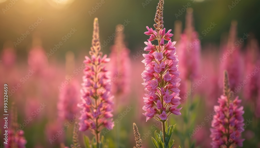 Obraz premium Field of pink flowers blooming at sunset. Detailed view of Lupinus polyphyllus plant stems with small pink blossoms. Soft sun light illuminates petals in warm golden hour glow, nature beauty.
