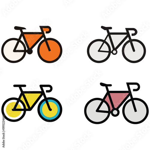 Colorful bicycle icons in different styles and colors  various bike designs  modern transportation symbols