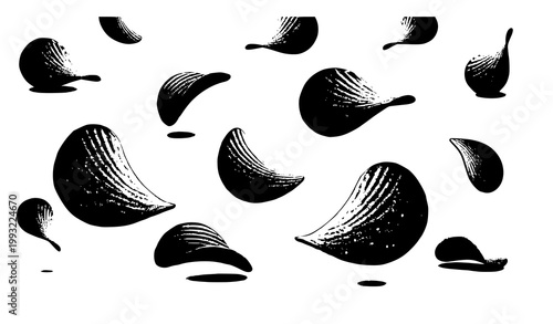 Flying crispy potato chips realistic vector background with falling snack slices on white