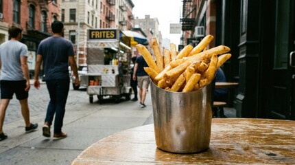 French fries served in a metal cup on a city street, casual street food concept with crispy golden texture and urban atmosphere, realistic detail, no logos