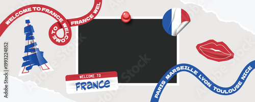 Welcome to france travel frame collage photos with scrapbook torn paper style.