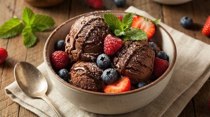 Scoops of chocolate ice cream topped with fresh berries and mint leaves, rich frozen dessert close-up, indulgent sweet styling, no logos