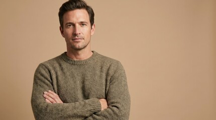 Man in sweater with arms crossed against a neutral background, confident casual portrait with clean studio composition, realistic detail, no logos
