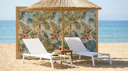 Two modern white deck chairs under reed parasol on sandy beach with tropical wallpaper backdrop, summer vacation concept with copy space, bright resort mood, clean composition, no logos