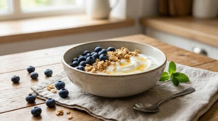 Bowl of yogurt with blueberries and granola on napkin, wholesome breakfast concept with fresh berries and clean lifestyle food styling, realistic detail, no logos