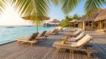 Wooden deck with palm leaves and bright sunlit sky, serene tropical beach background with resort atmosphere and summer vacation mood, ideal for travel or hospitality design, warm daylight, realistic