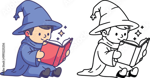 Cute Cartoon Wizard Apprentice Reading Magic Spell Book Fantasy and Education