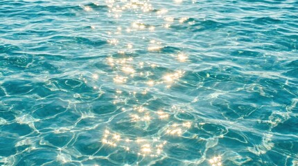 Shimmering blue water with sunlight reflections and rippling patterns, serene aquatic atmosphere, refreshing abstract summer background, realistic detail, no logos