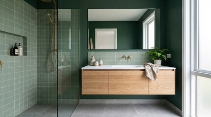 Contemporary bathroom interior with green tiles and green walls, modern vanity design with clean copy space and stylish decor, realistic detail, no logos