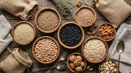 Grains, legumes and nuts in wooden bowls, healthy cooking ingredients, organic nutrition concept, rustic food background, natural textures, overhead composition, realistic detail, no logos