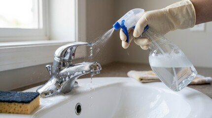 Person cleaning a sink with a spray nozzle, household hygiene and bathroom maintenance concept, close-up realistic detail, no logos