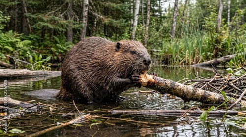 North American beaver gnawing on a wooden branch in a forest pond, wildlife nature scene with water droplets and woodland background, realistic detail, no logos