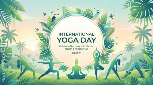 Yoga day nature theme illustration with people practicing diverse asana poses in tropical landscape promoting wellness harmony for international banner design