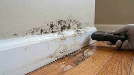 Wall with mold growth along baseboard near wooden floor, dampness, water damage, moisture problem, home inspection, indoor contamination, property maintenance issue, residential interior detail,