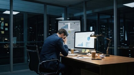 Focused business goals and success strategy in a professional environment at night, determination and ambition concept with strong visual direction, realistic detail, no logos