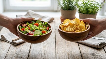 Hands holding wooden bowls with fresh salad and crispy chips, healthy versus unhealthy food choice concept for nutrition and diet decisions, clean lifestyle composition, realistic detail, no logos