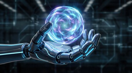 Robot hand holding glowing sphere, futuristic AI and innovation concept, advanced technology symbolism, dark background, luminous highlights, sleek modern detail, no logos