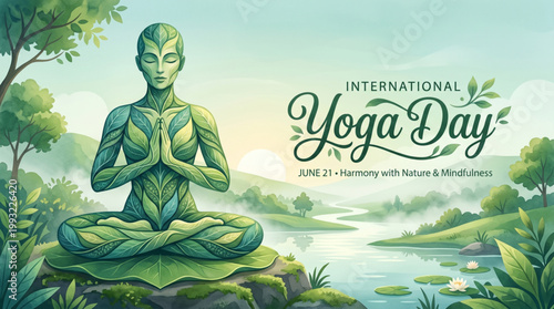 International yoga day nature themed illustration with meditating human figure formed by leaves near river landscape for wellness harmony mindfulness campaign design