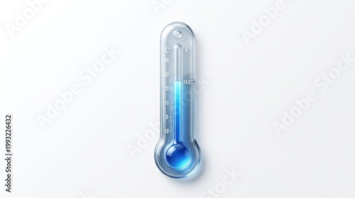 Glass thermometer temperature icon, modern interface symbol and premium commercial asset, sleek liquid glass material, blue gradient translucency, smooth refraction, clean white background, centered