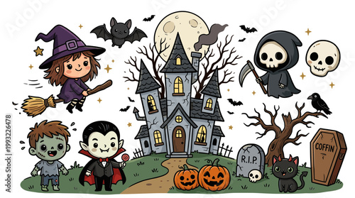 Cute Halloween vector illustration set with haunted castle, witch, vampire, zombie, and spooky characters on white background.