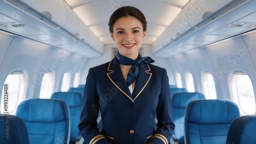 Airline stewardess in uniform on airplane
