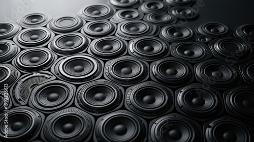 Black surface covered with repeating circular modules and speaker-like forms, monochrome geometric pattern suggesting sound and technology, soft light, polished surfaces, refined contrast, premium