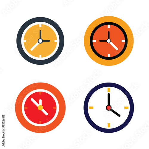 Colorful clock icons in different styles and colors for time and schedule concepts  various clock faces with unique designs