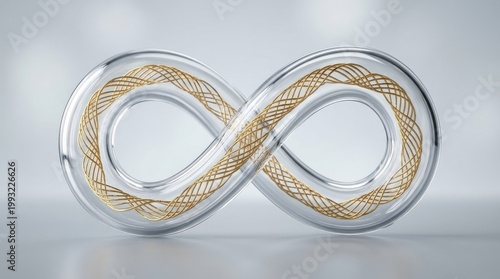 Abstract glass torus shaped like an infinity symbol with a golden wire inside a clear intertwined tube, light gray background, soft studio light, polished surfaces, refined contrast, premium stock