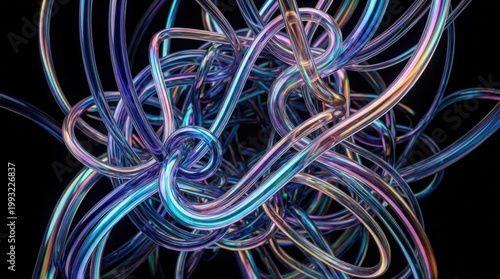 Abstract tangled structure of multicolored glass tubes on black, iridescent gradients and holographic sheen creating vivid futuristic depth, soft gradient light, polished surfaces, refined contrast,